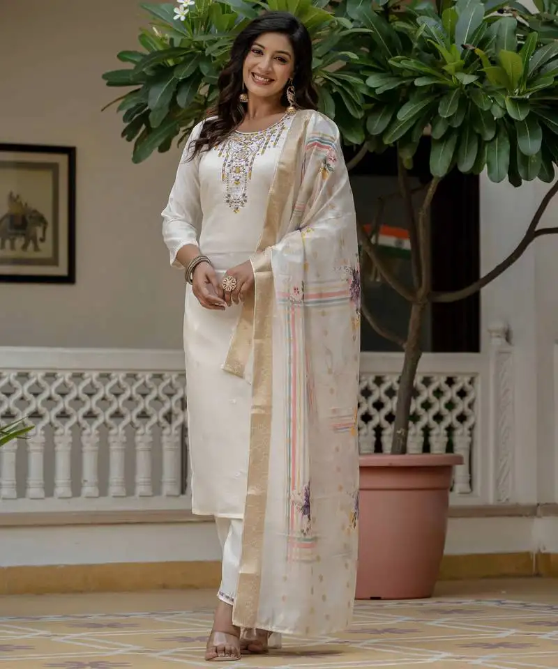 Off white color roman silk fabric graceful festive special kurta set