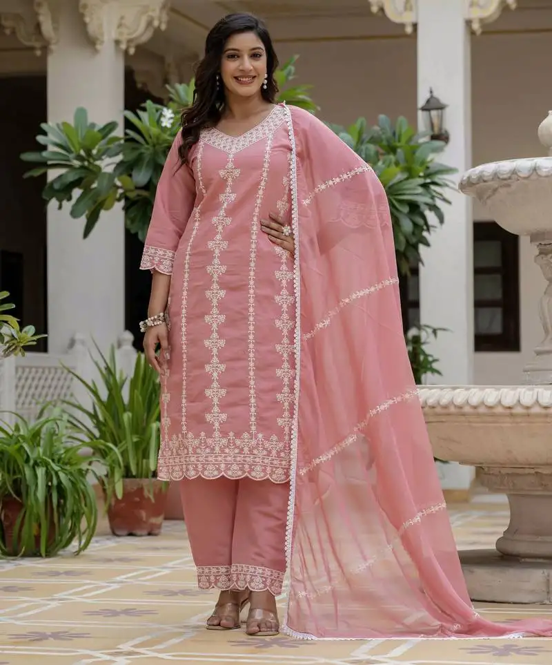 Peach color roman silk fabric graceful festive special kurta set