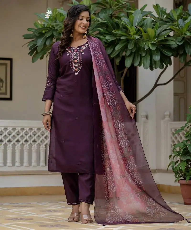 Wine color roman silk fabric graceful festive special kurta set