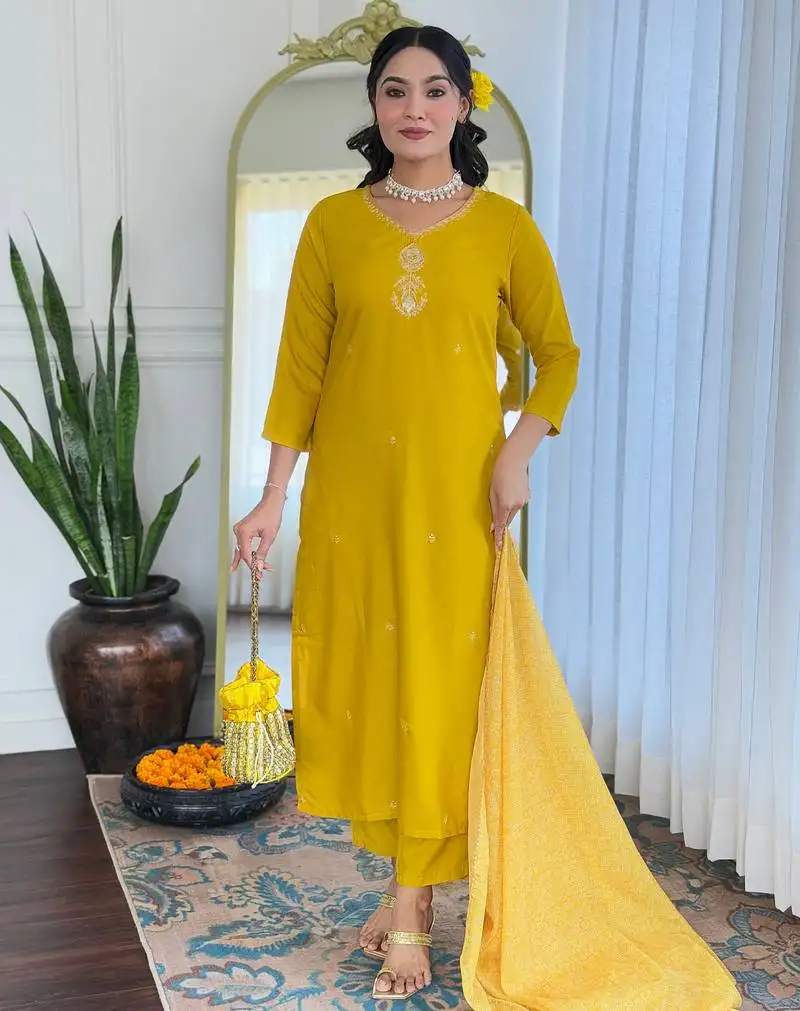 Yellow color smart and festive readymade rayon fabic kurta set