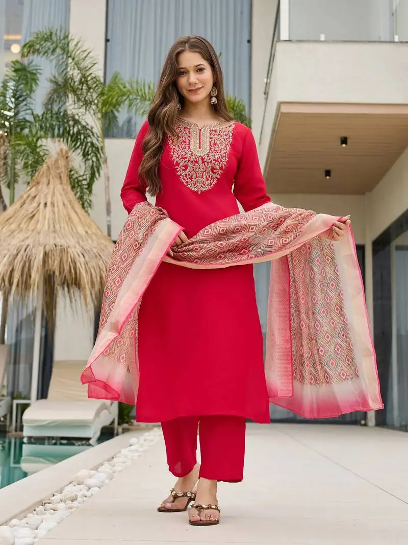 Red color smart and festive readymade rayon slub fabic kurta set