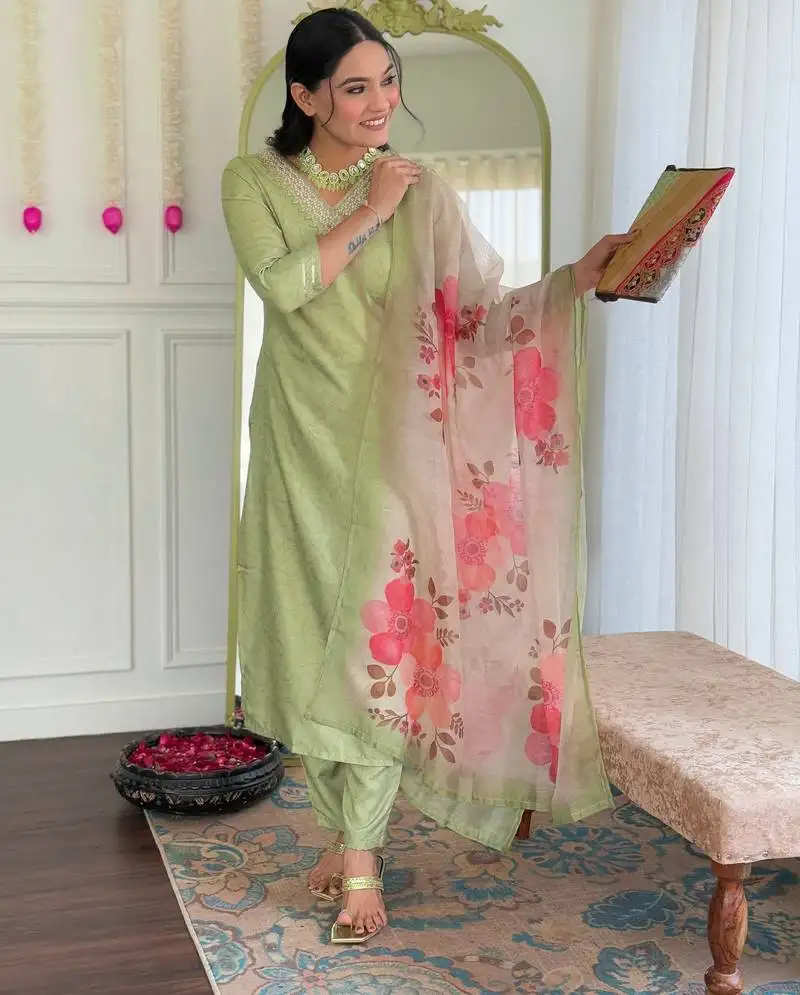 Pista color smart and festive readymade rayon fabic kurta set