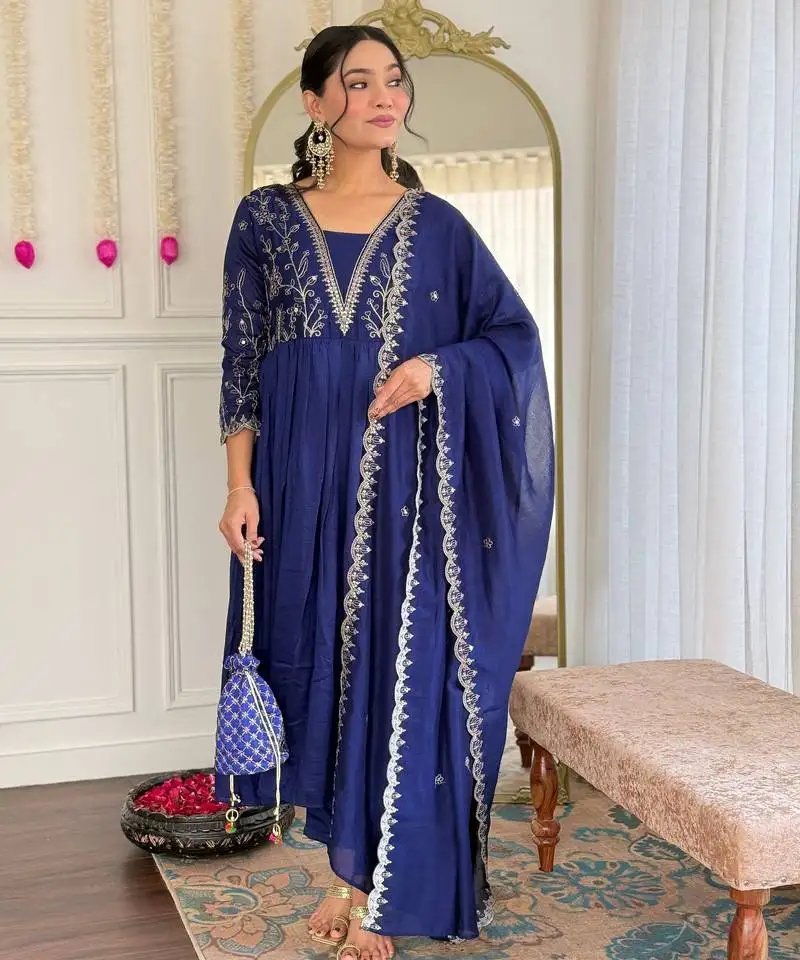 Blue color smart and festive readymade vichitra silk fabic kurta set