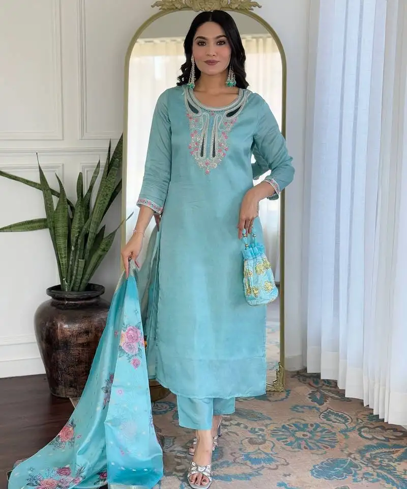 Sky blue color smart and festive readymade viscose fabic kurta set