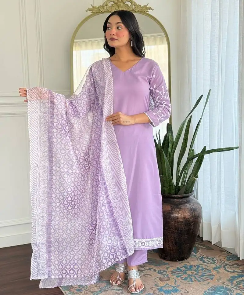Lavender color smart and festive readymade rayon fabic kurta set