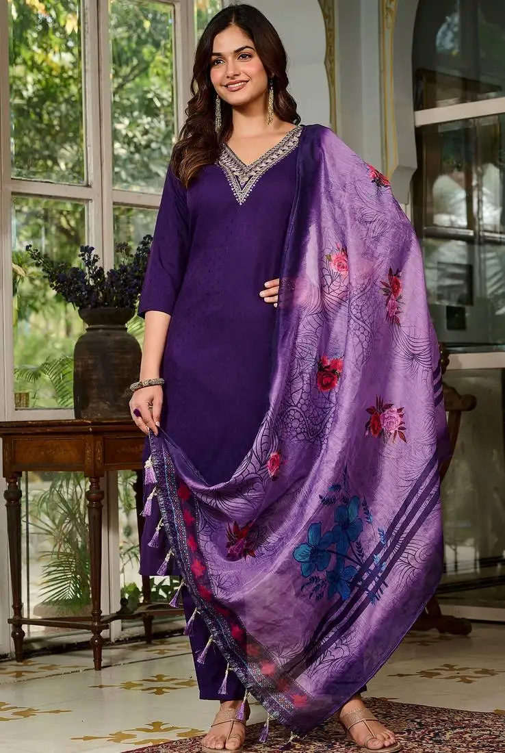 Violet color smart and festive readymade viscose rayon fabic kurta set