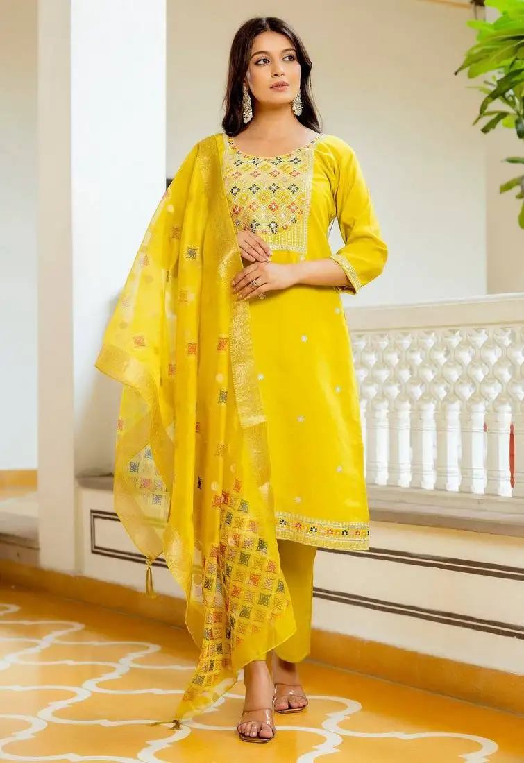 Yellow color viscose shimmer fabric ethnic kurta set with embroidery work and printed