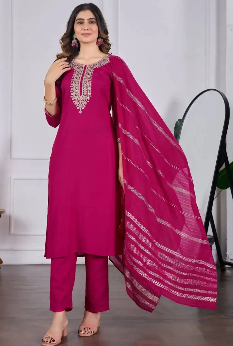 Pink color rayon slub fabric ethnic kurta set with embroidery work with woven