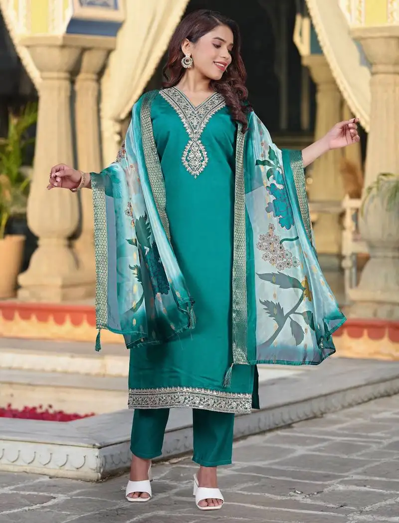 Rama color viscose chanderi fabric ethnic kurta set with embroidery work with printed