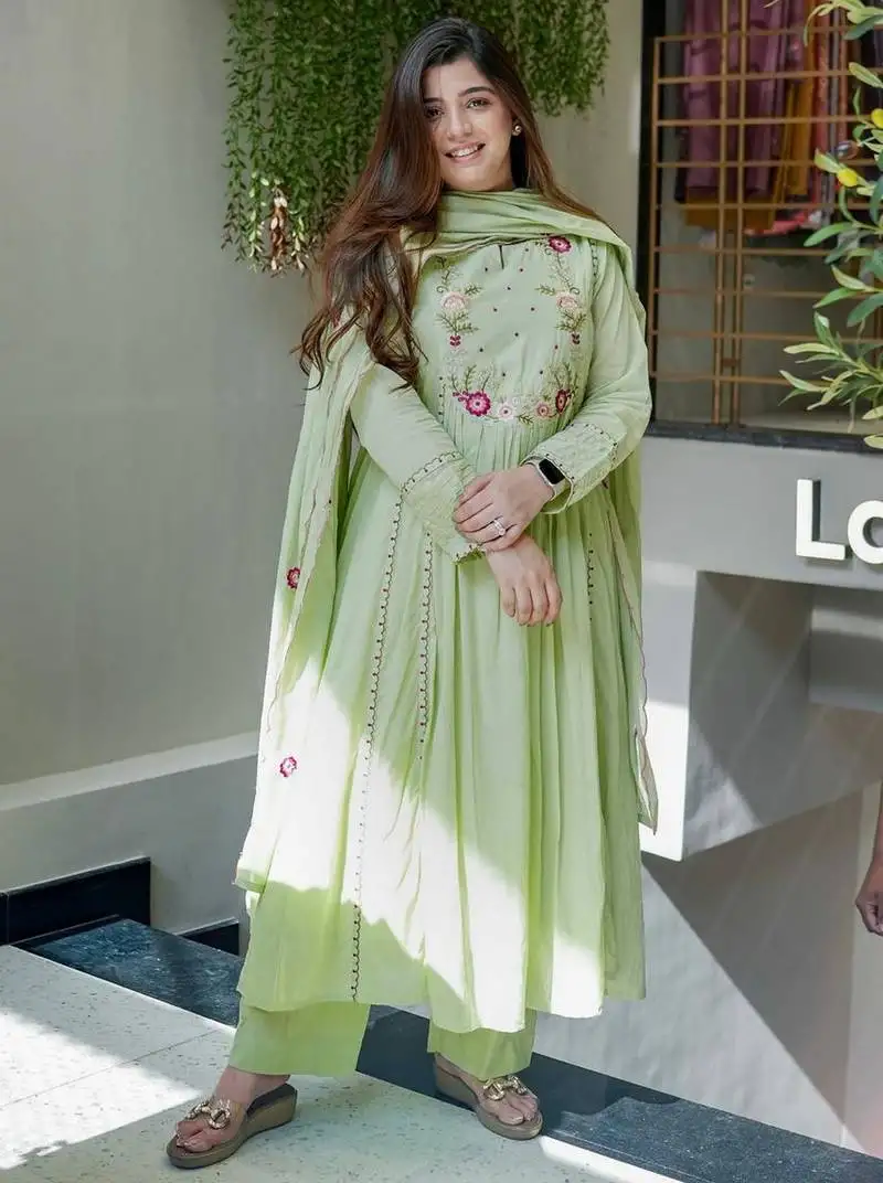 Pista color chanderi silk fabric ethnic kurta set with embroidery work