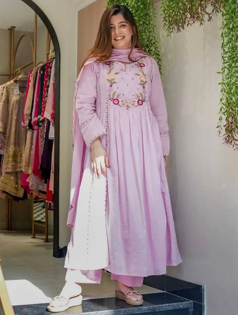 Purple color chanderi silk fabric ethnic kurta set with embroidery work