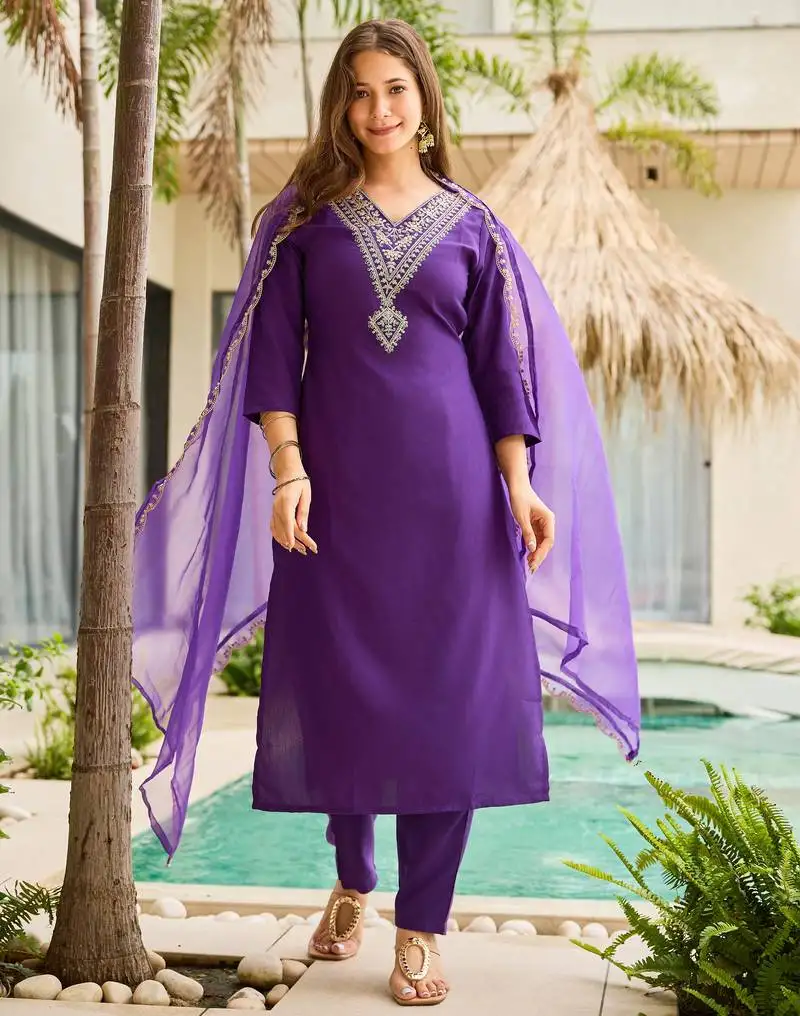 Violet color ceremonial wear rayon slub fabric readymade kurta set