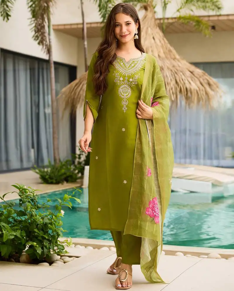 Mahendi color ceremonial wear viscose fabric readymade kurta set