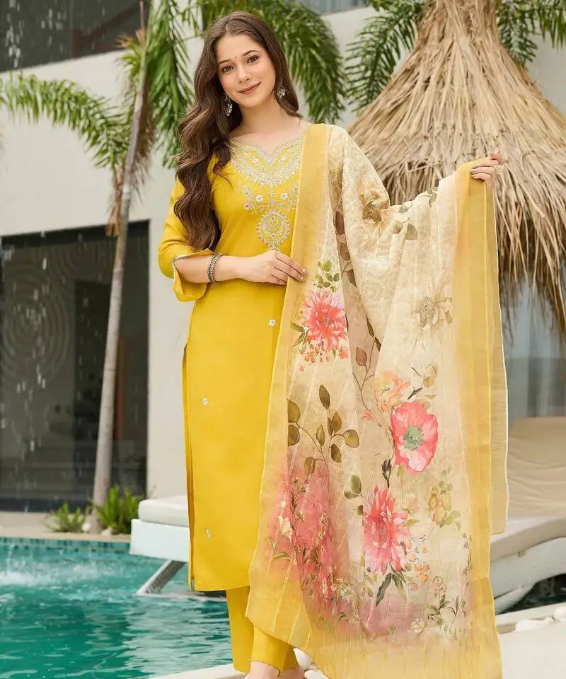 Mustard color ceremonial wear viscose fabric readymade kurta set