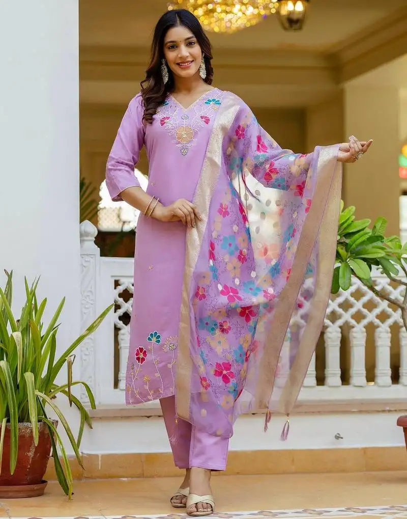 Lavender color ceremonial wear viscose gadhwal fabric readymade kurta set