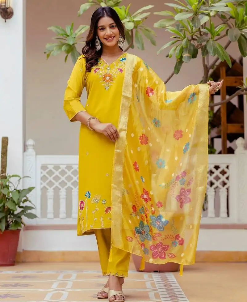 Mustard color ceremonial wear viscose gadhwal fabric readymade kurta set