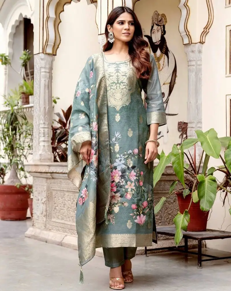 Grey color ceremonial wear chanderi cotton fabric readymade kurta set