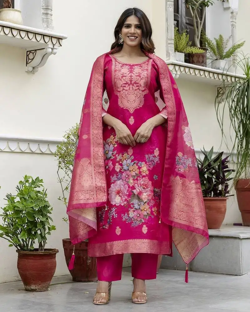 Pink color ceremonial wear chanderi cotton fabric readymade kurta set