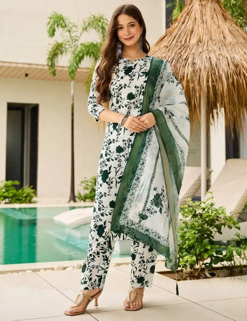 Green color silk blend fabric ethnic kurta set with designer printed