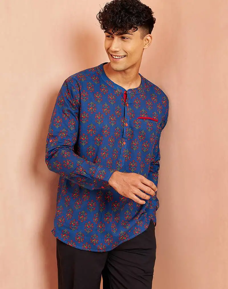 Men royal blue cotton kurta - floral print summer casual wear traditional ethnic shirt