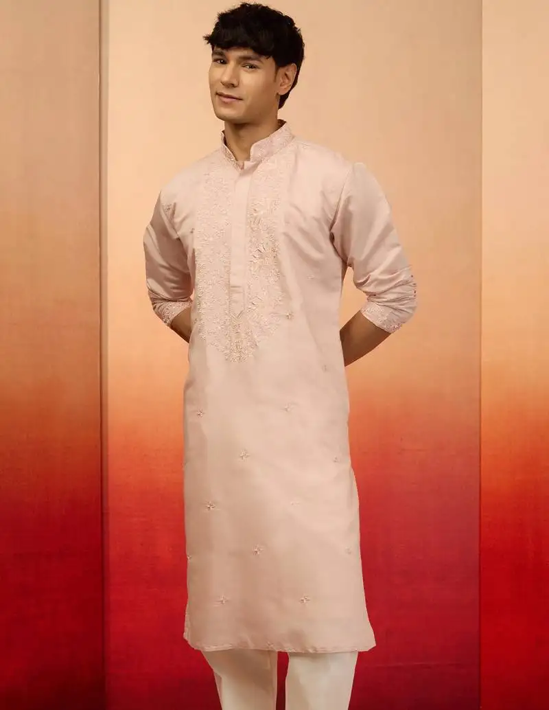 Men's peach embroidered silk kurta - festive traditional wear