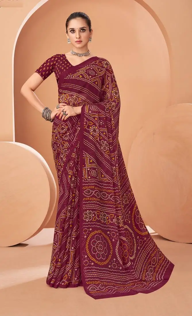 Wine chiffon bandhani geometric printed saree with blouse