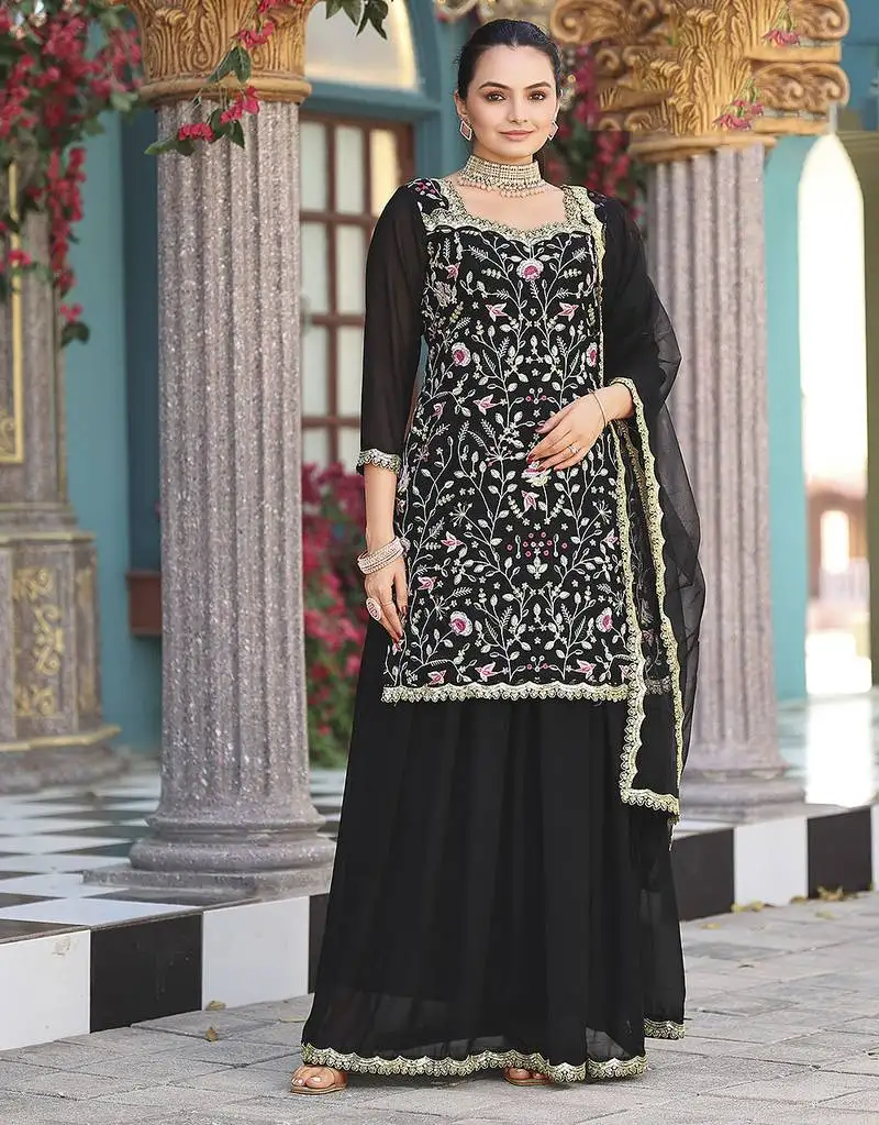 Black color georgette fabric designer ceremonial wear wedding attire semi stitched