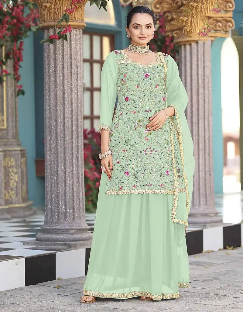 Sea green georgette fabric plazzo skirt suit semi stitched