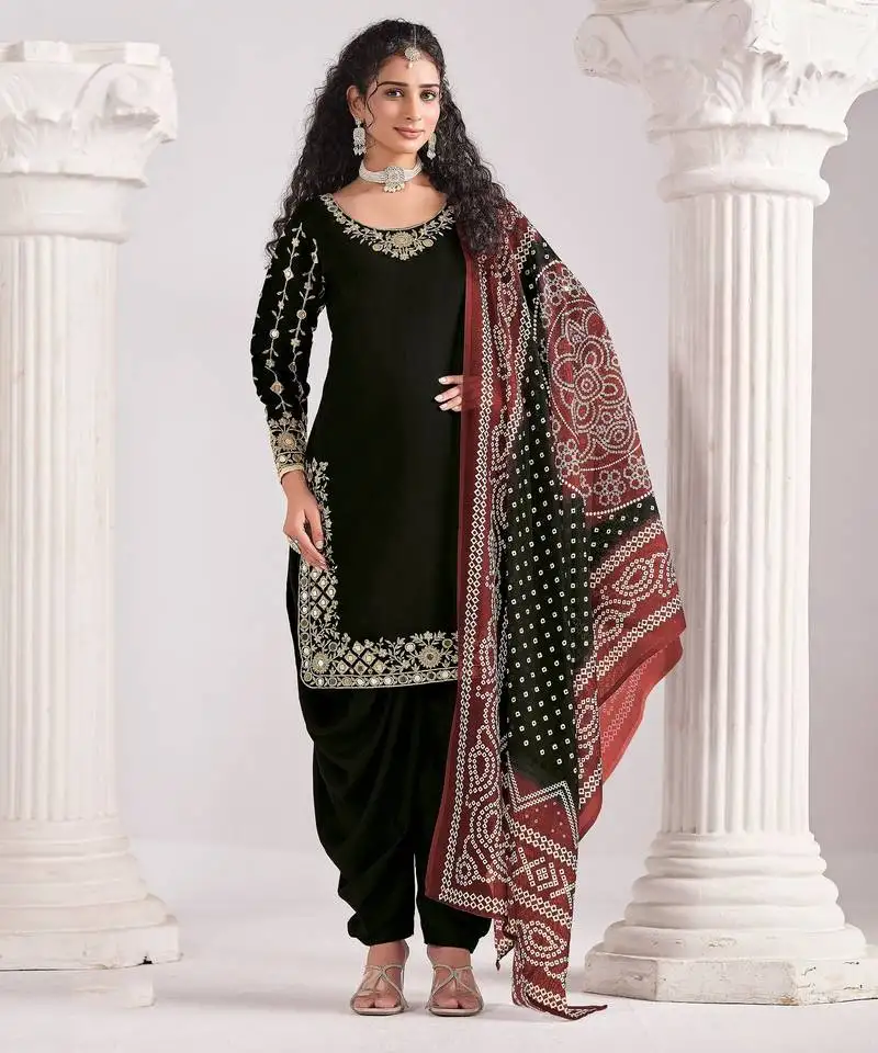 Black color roman silk fabric designer embroidered suit semi stitched