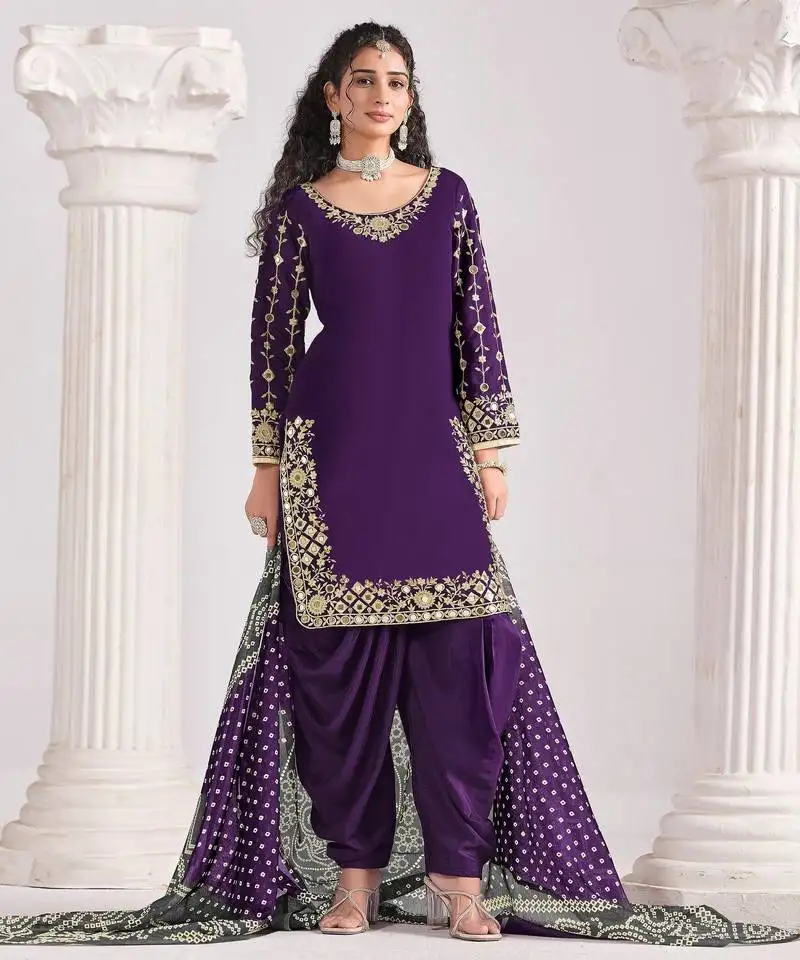 Voilet color roman silk fabric designer embroidered suit semi stitched
