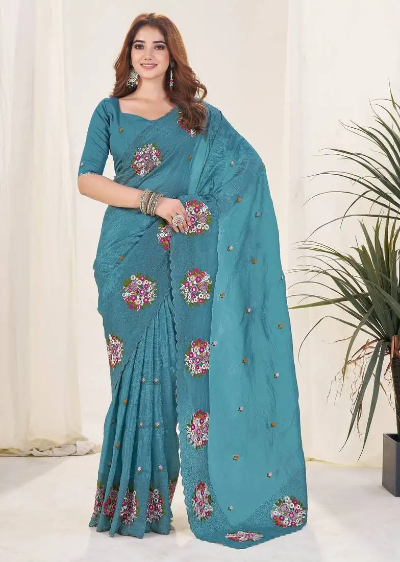 Blue color gold crush fabric designer embroidered saree