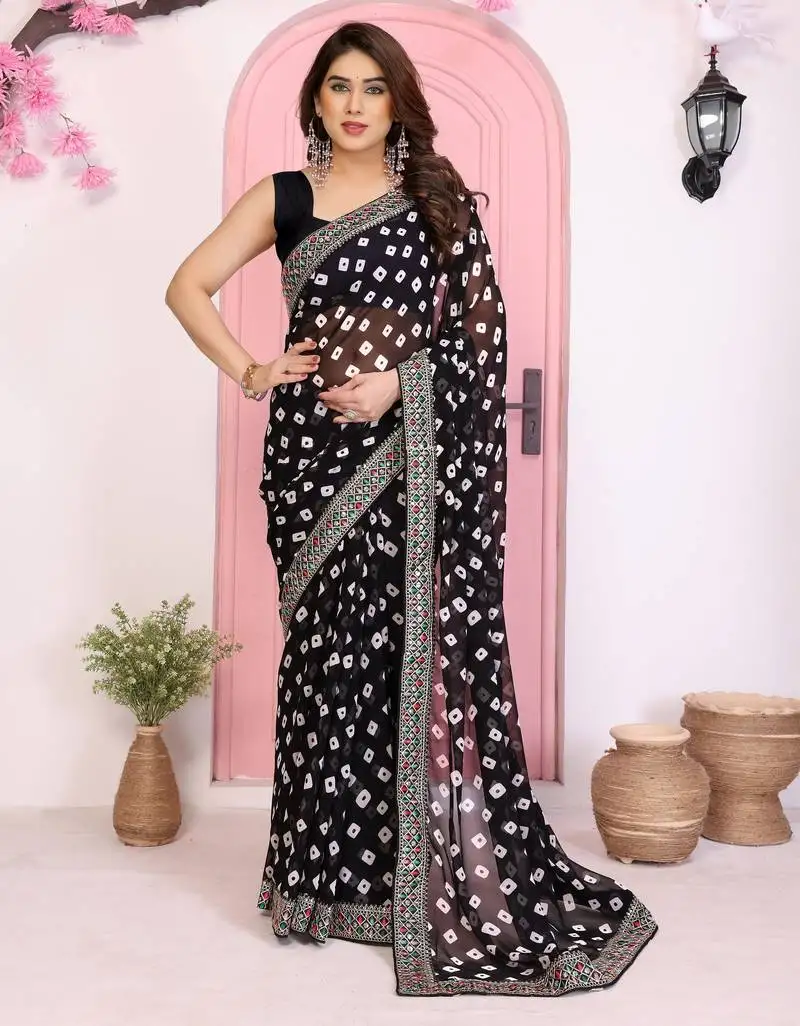 Black color georgette fabric embroidered partywear saree