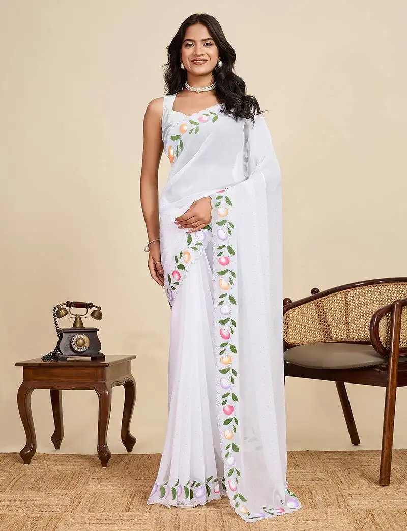 White color georgette fabric beautiful swarovski beads designer saree