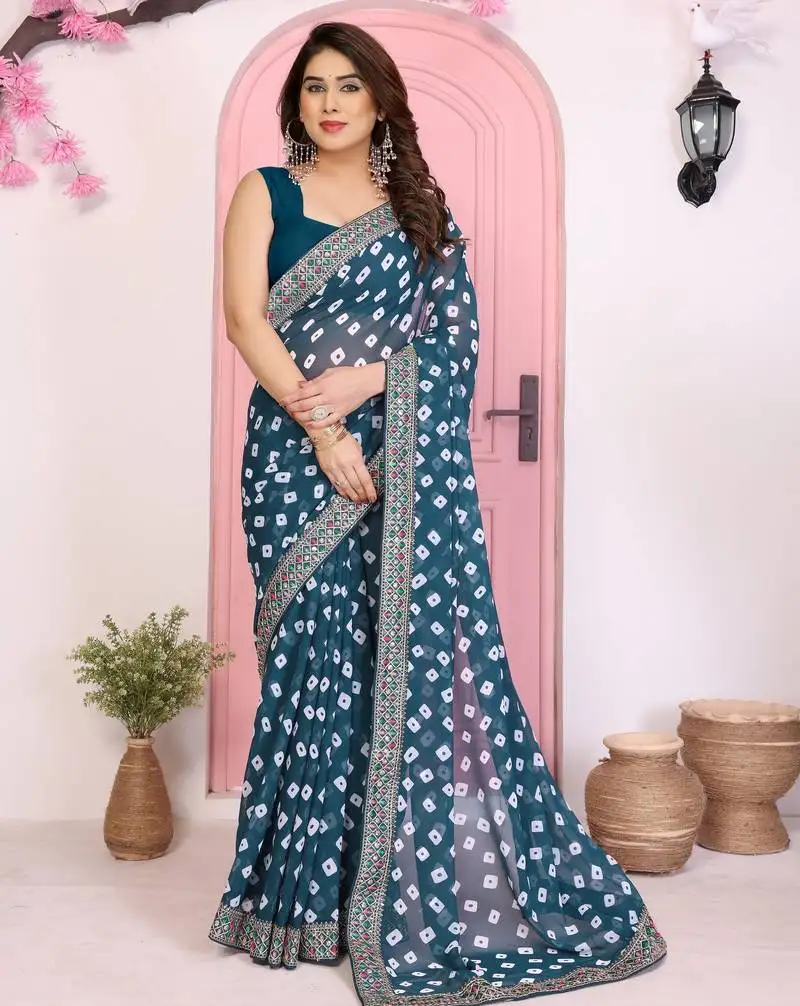 Teal blue color georgette fabric embroidered partywear saree