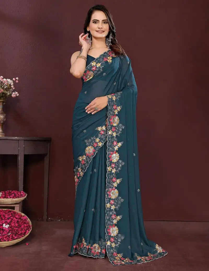 Teal blue color star georgette fabric designer embroidery work ethnic partywear saree