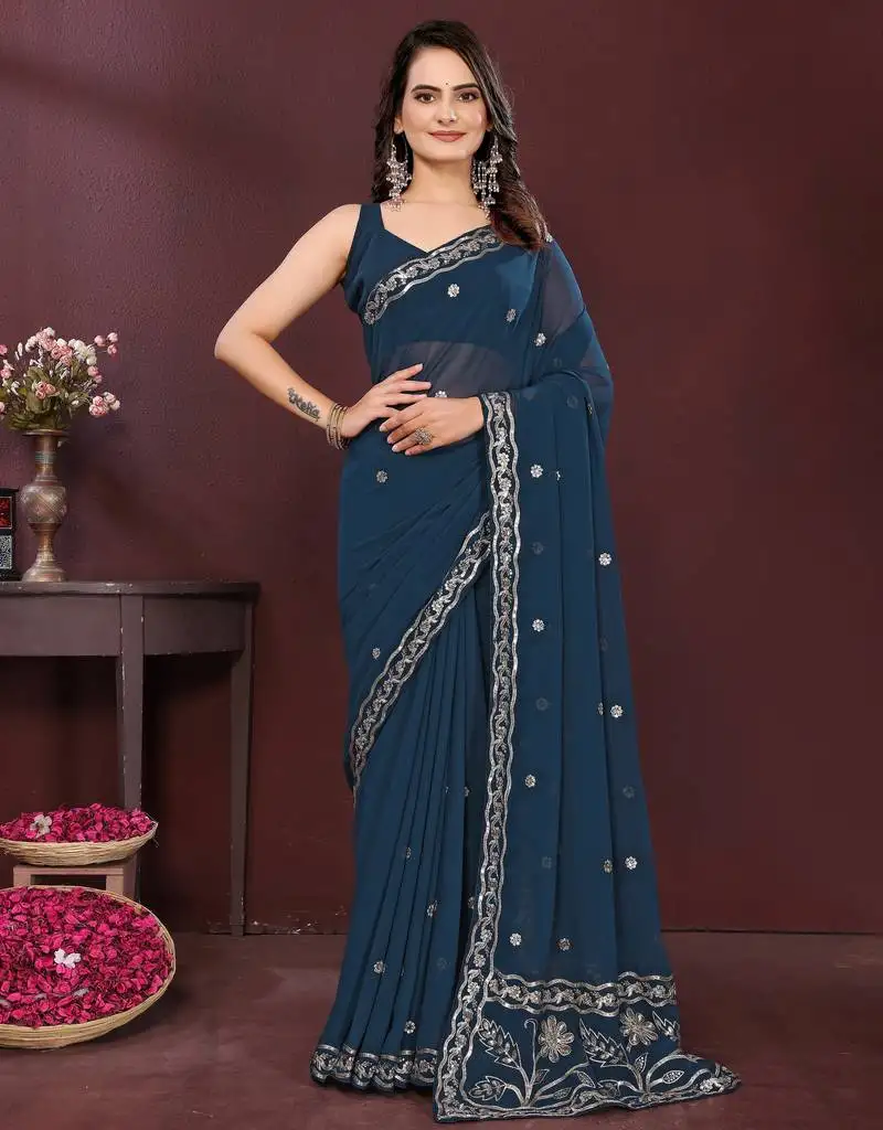Blue color georgette fabric designer embroidery work ethnic partywear saree
