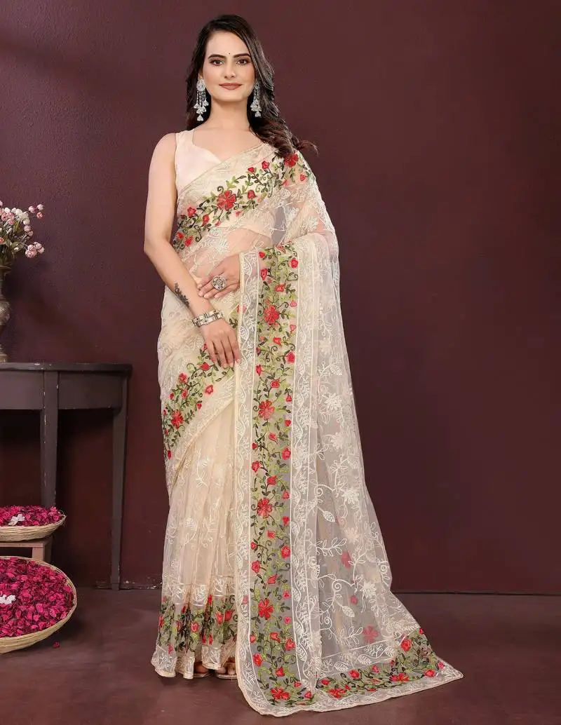 Beige color net fabric designer embroidery work ethnic partywear saree