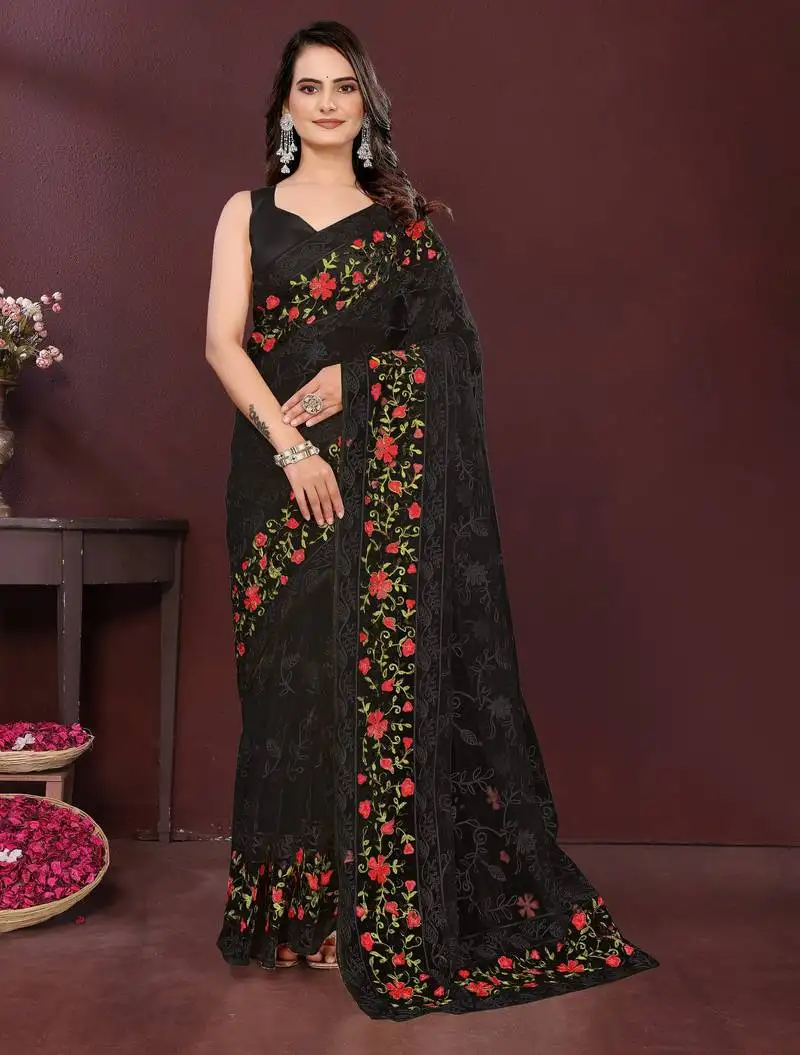 Black color net fabric designer embroidery work ethnic partywear saree
