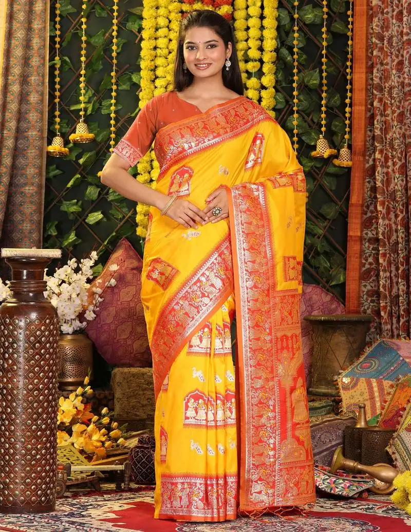 Yellow color blended silk fabric woven jari designer saree