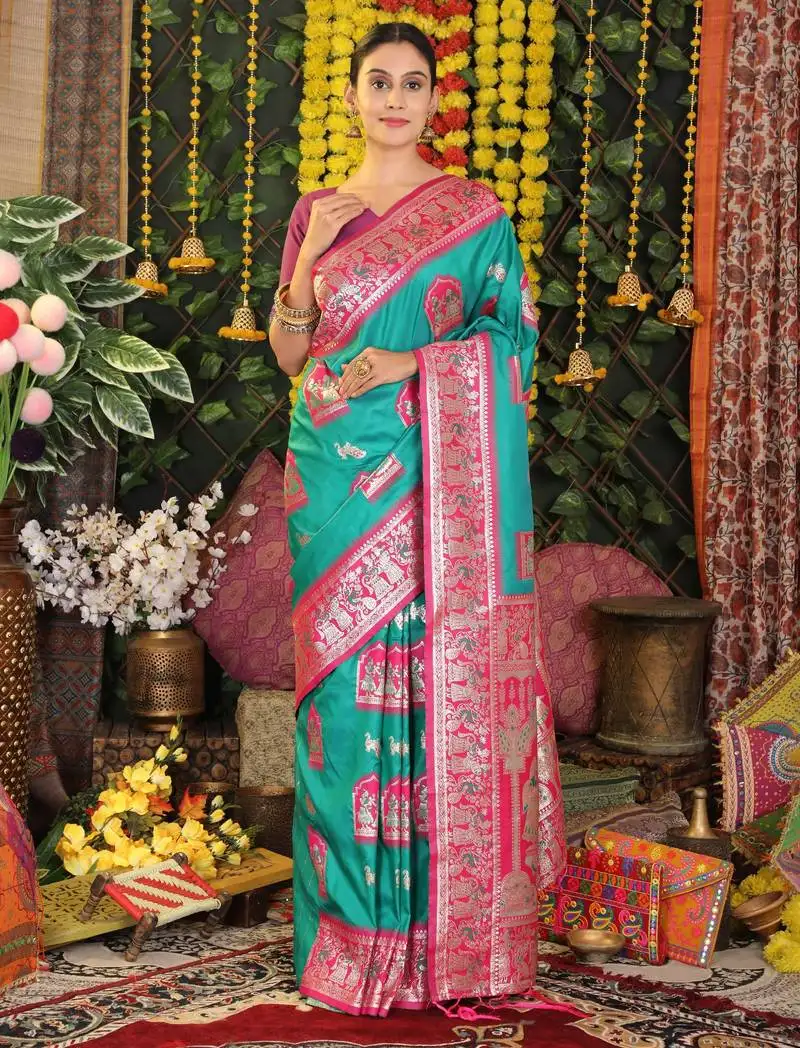 Sea green color blended silk fabric woven jari designer saree