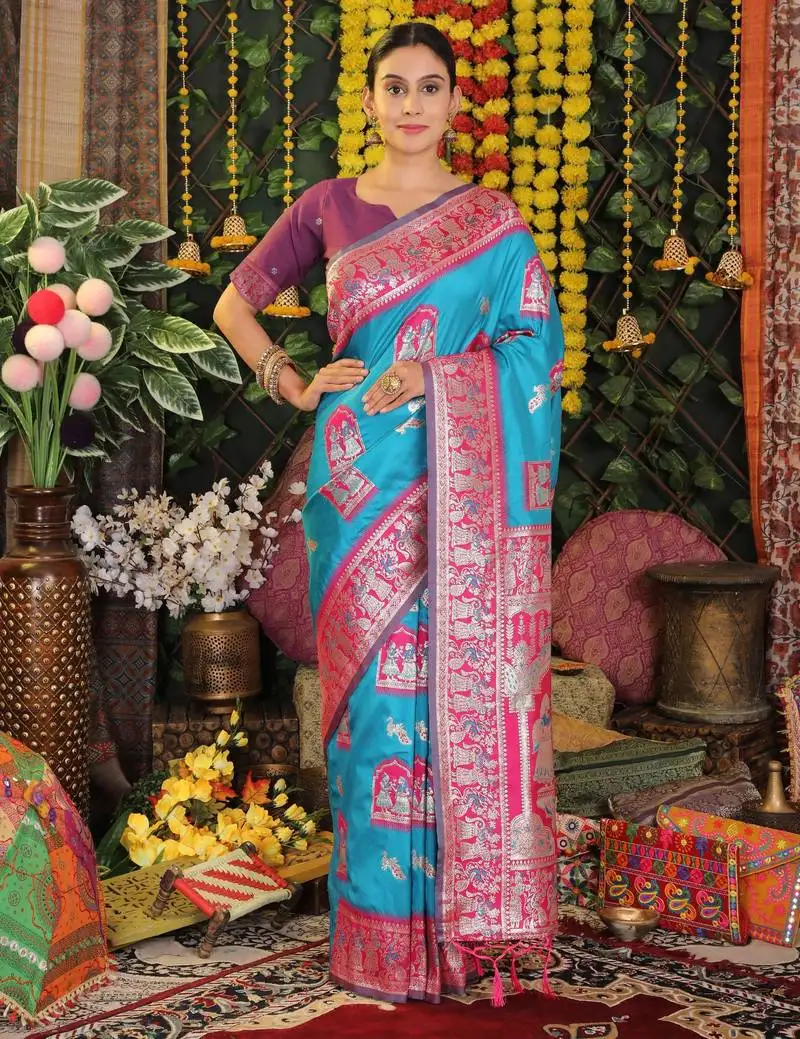 Sky blue color blended silk fabric woven jari designer saree