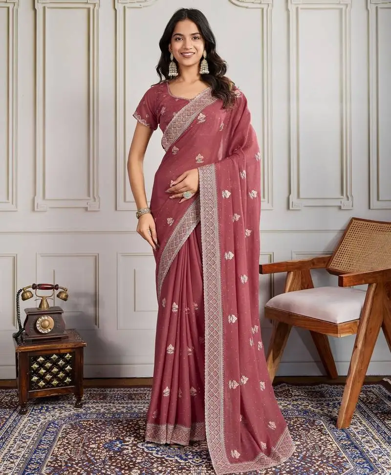 Rust color star georgette fabric graceful partywear saree