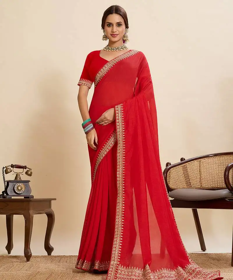 Red color vichitra silk fabric beautiful partywear saree