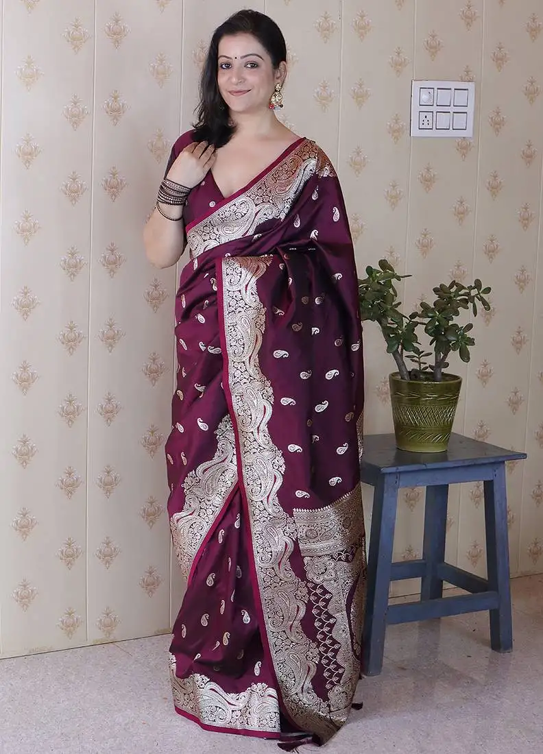 Wine color banarasi silk saree woven silver jari designer ceremonial partywear saree