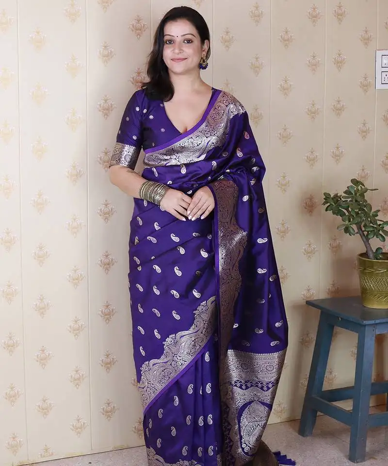 Violet color banarasi silk saree woven silver jari designer ceremonial partywear saree