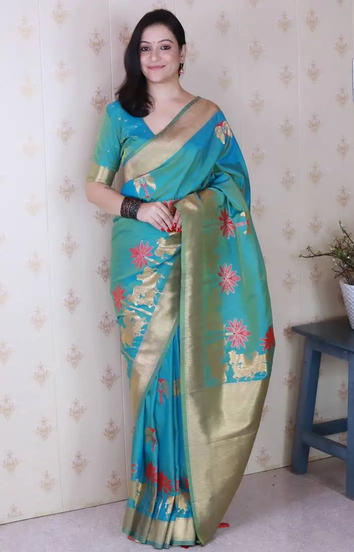 Sky bluecolor soft silk fabric woven meenakari designer ceremonial partywear saree