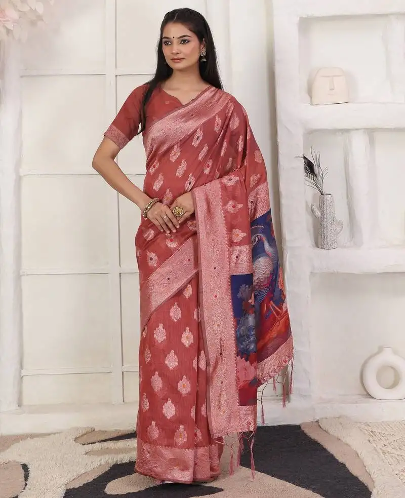 Rust color silk blend fabric ceremonial looks partywear saree