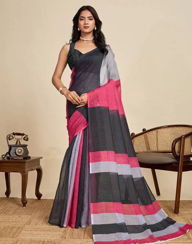 Black color linen fabric beautiful woven designer ethnic casual saree