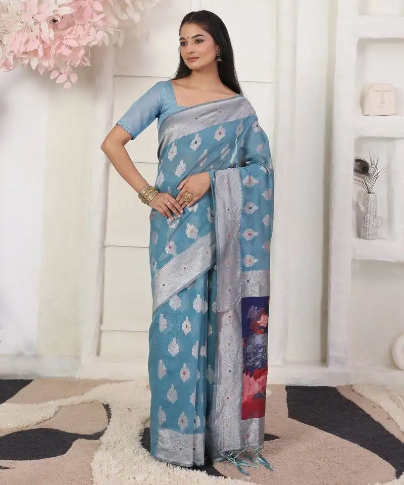 Sky blue color silk blend fabric ceremonial looks partywear saree