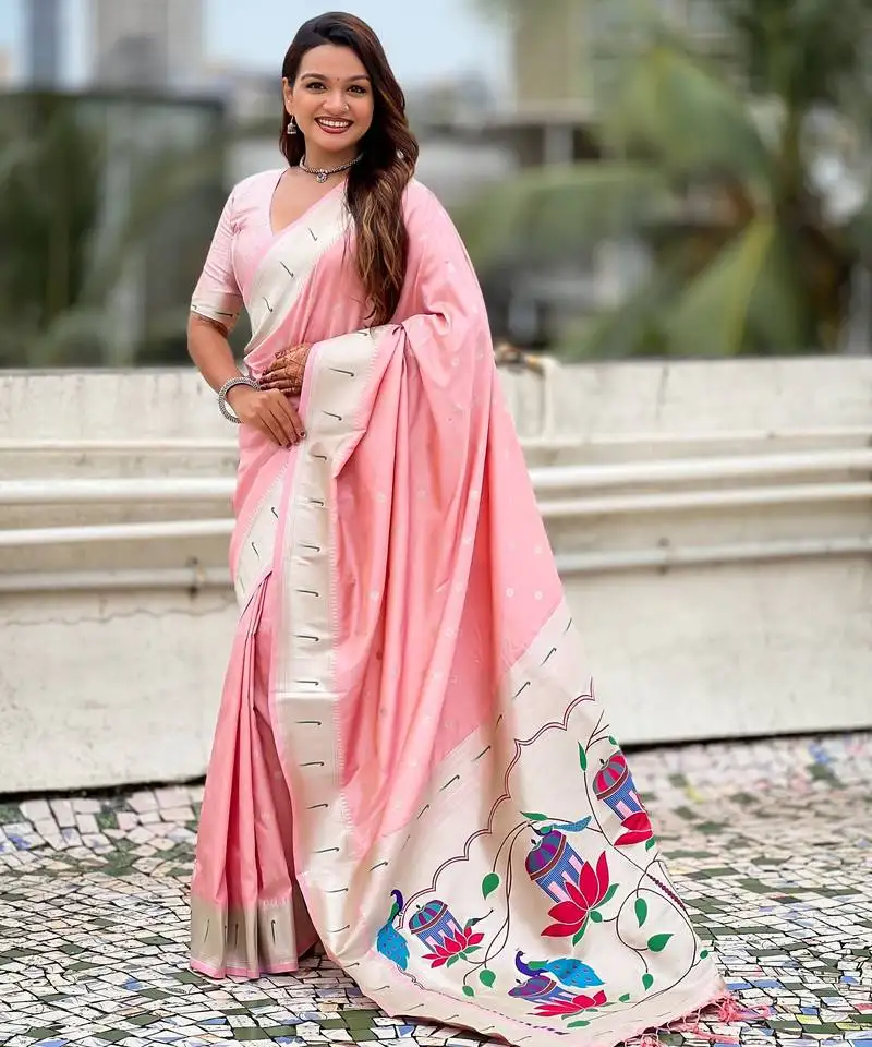Baby pink color paithani silk woven designer ceremonial partywear saree